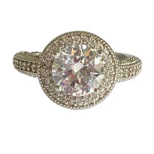Silver Plated Halo Milgrain Cocktail Ring Size 7 Cubic Zirconia Vintage Style